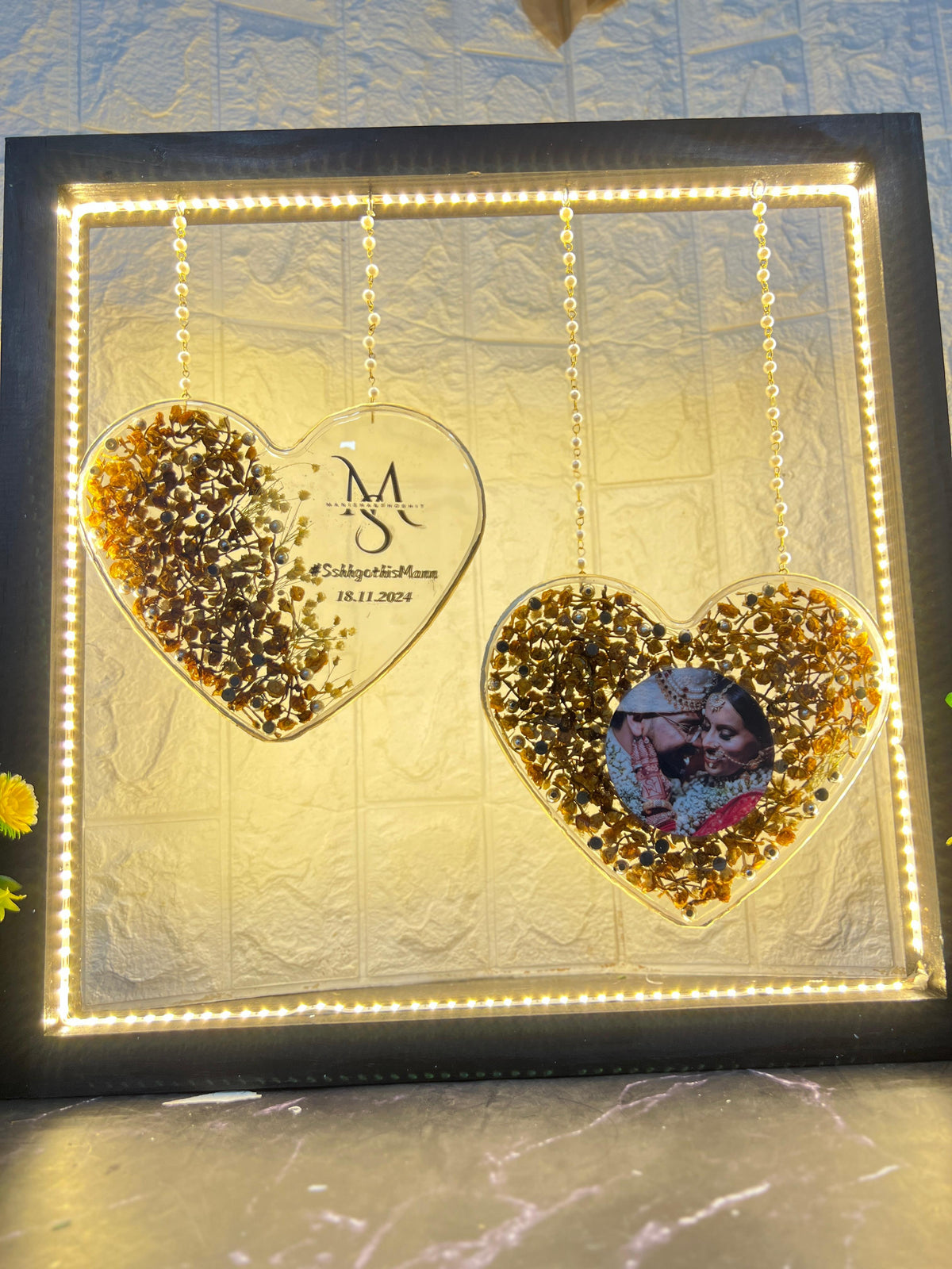 Resin Wedding Memory Keepsake in (15) Inch Heart-shaped frame with couple Name logo and Photo Varmala Preservation