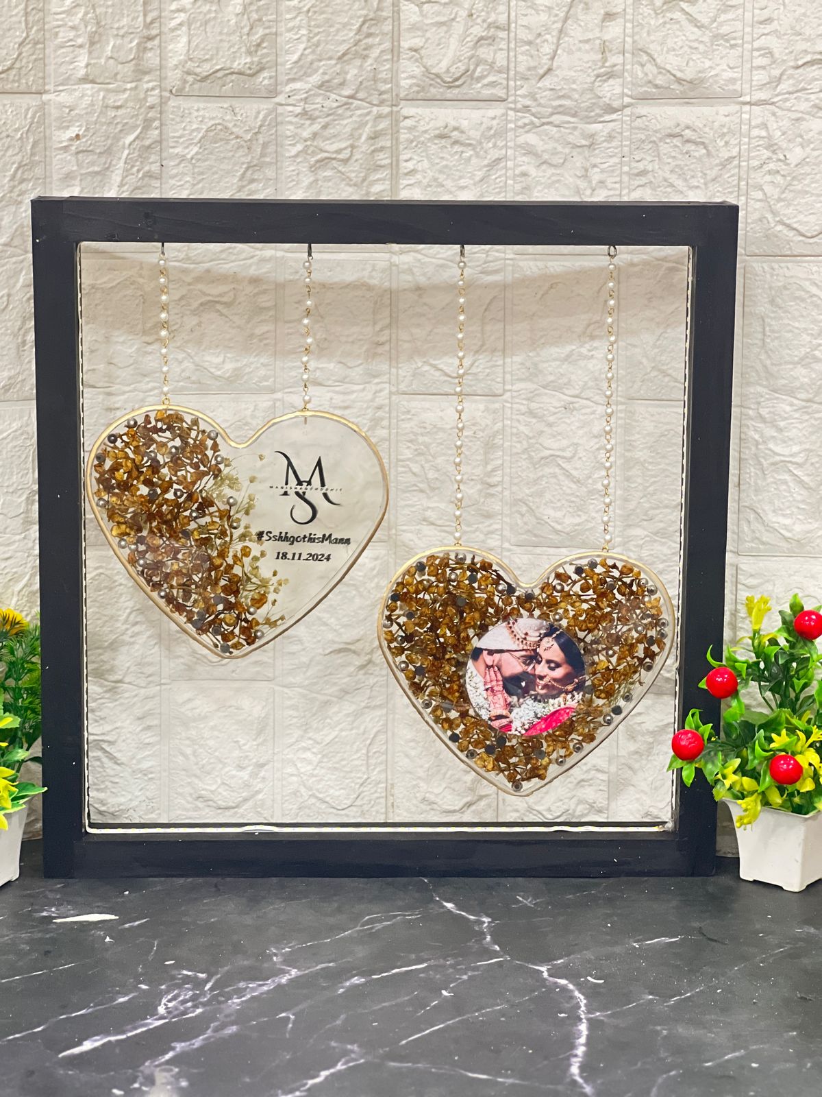 Resin Wedding Memory Keepsake in (15) Inch Heart-shaped frame with couple Name logo and Photo Varmala Preservation