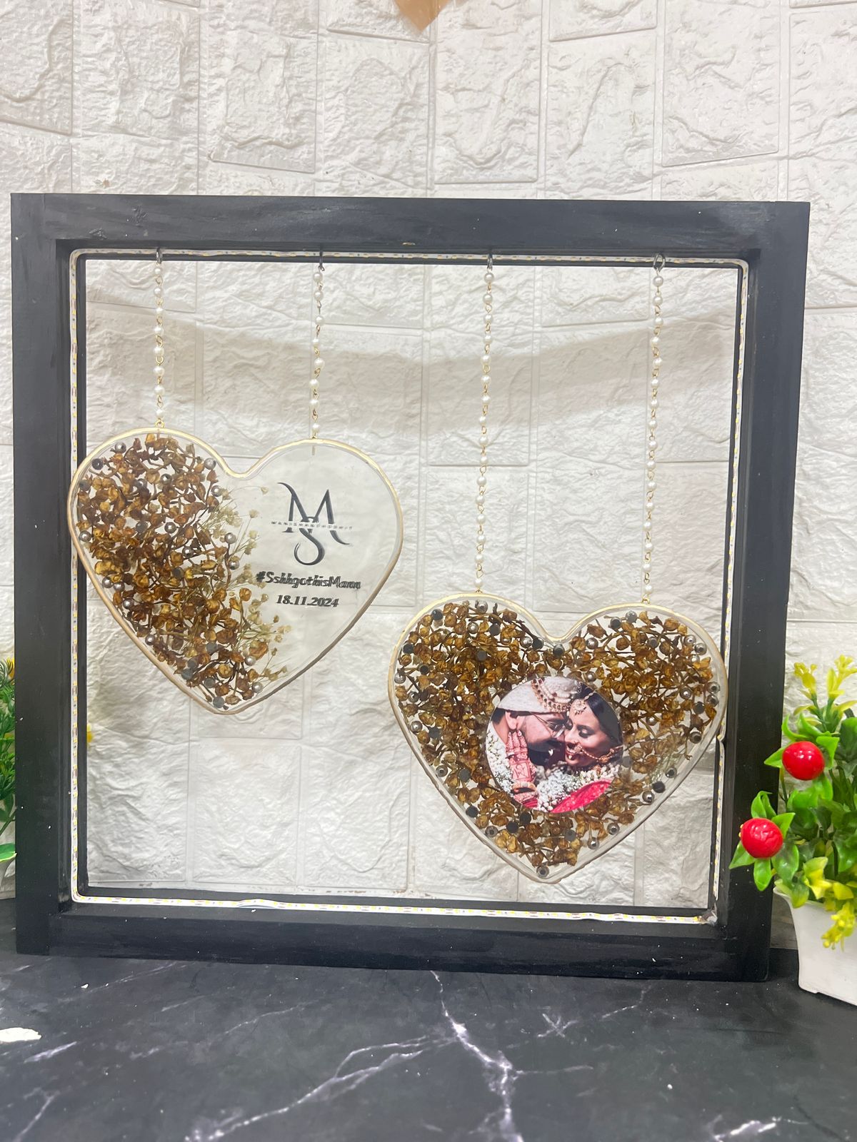 Resin Wedding Memory Keepsake in (15) Inch Heart-shaped frame with couple Name logo and Photo Varmala Preservation