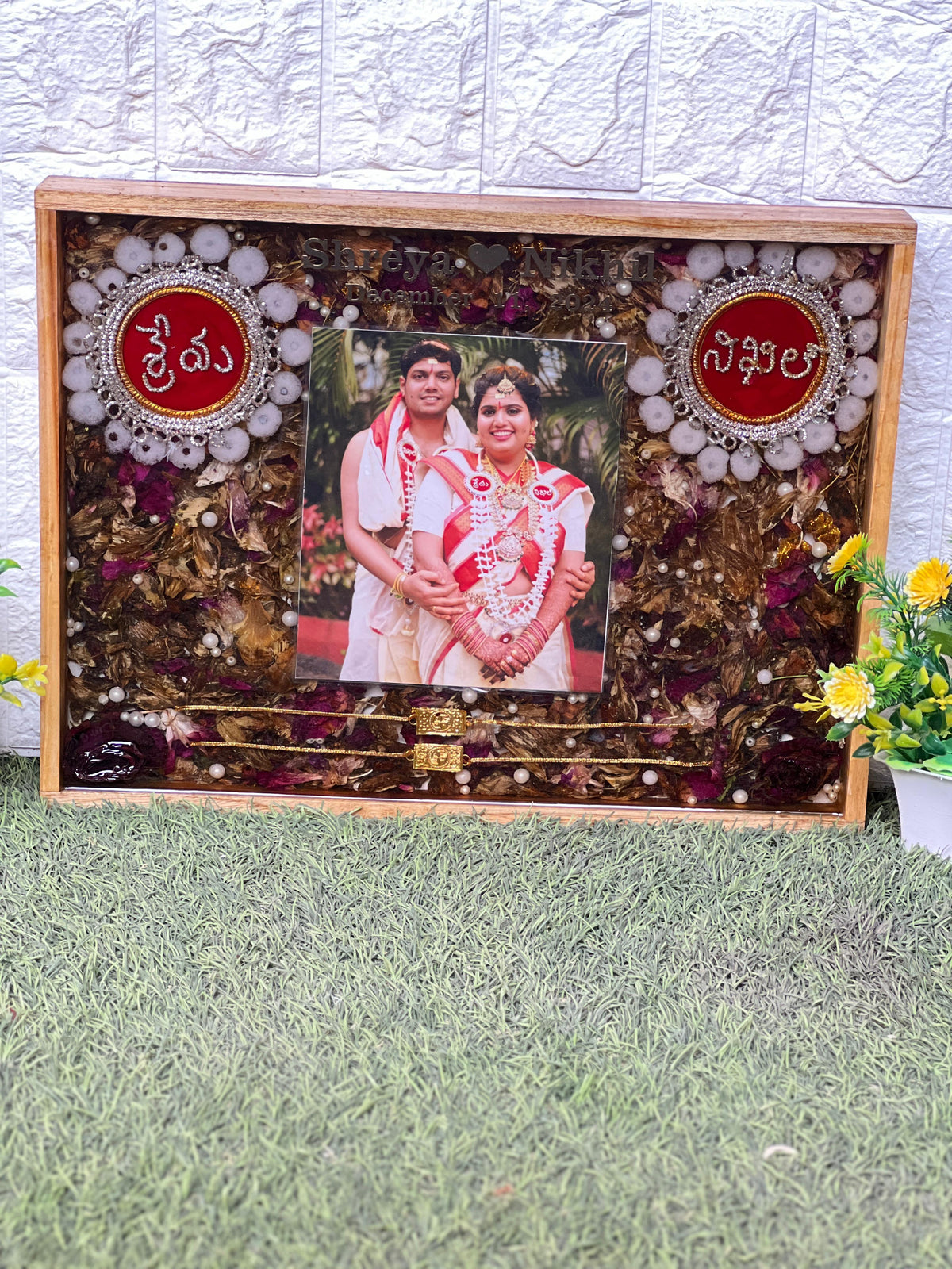 Resin 12 by 16 inch wooden frame with Couple Photo and Name with Mala and couple hand band Varmala Preservation