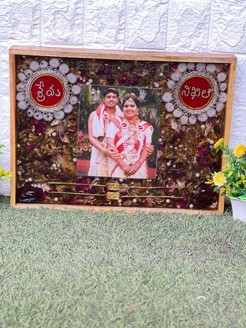 Resin 12 by 16 inch wooden frame with Couple Photo and Name with Mala and couple hand band Varmala Preservation