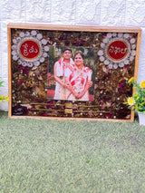 Resin 12 by 16 inch wooden frame with Couple Photo and Name with Mala and couple hand band Varmala Preservation