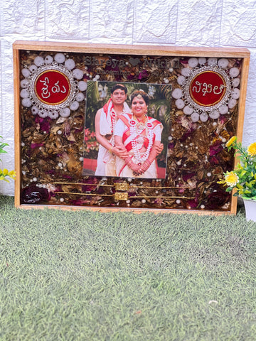 Resin 12 by 16 inch wooden frame with Couple Photo and Name with Mala and couple hand band Varmala Preservation