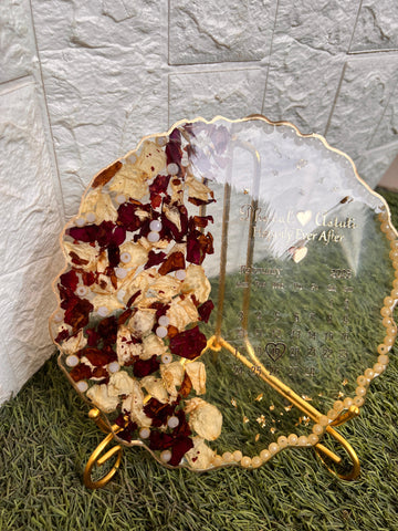 Resin 8 inch curvy round frame with metal stand, one side flowers and one side name date calender transperant base Varmala Preservation