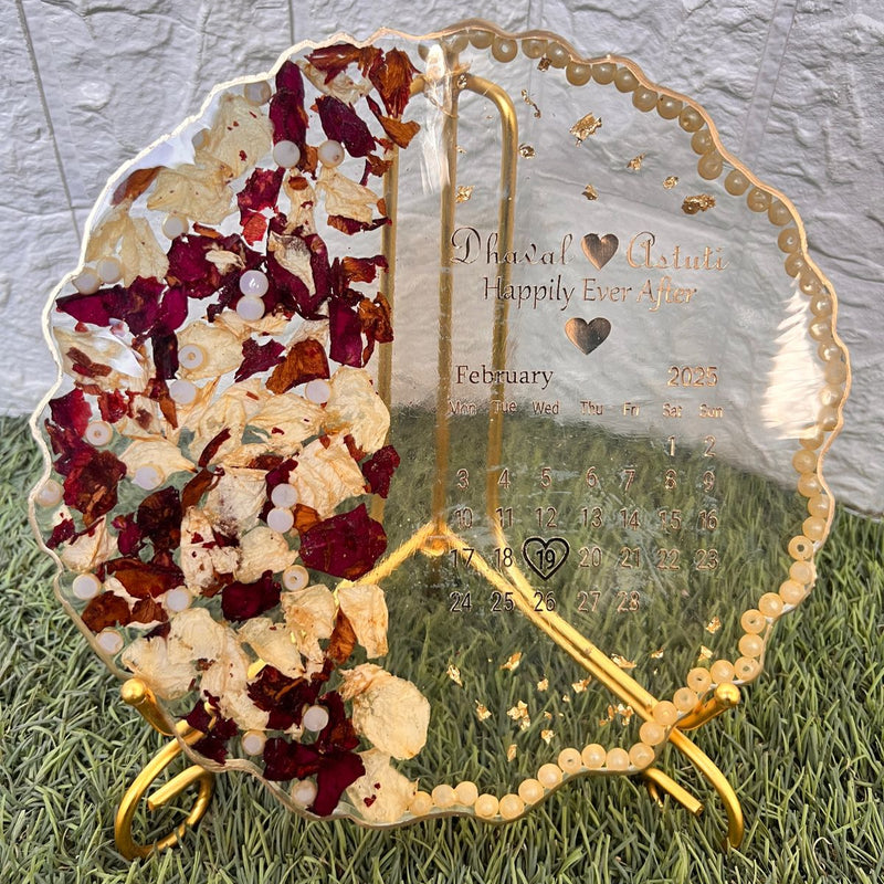 Resin 8 inch curvy round frame with metal stand, one side flowers and one side name date calender transperant base Varmala Preservation
