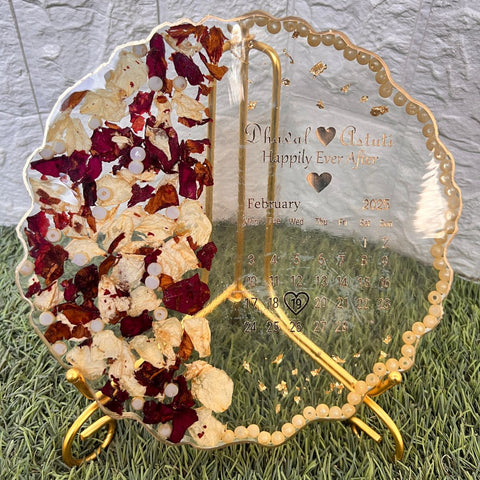 Resin 8 inch curvy round frame with metal stand, one side flowers and one side name date calender transperant base Varmala Preservation