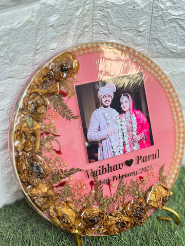 Resin 10inch round 3D flowers with couple Photo & Name Date with Pearls border Varmala Preservation