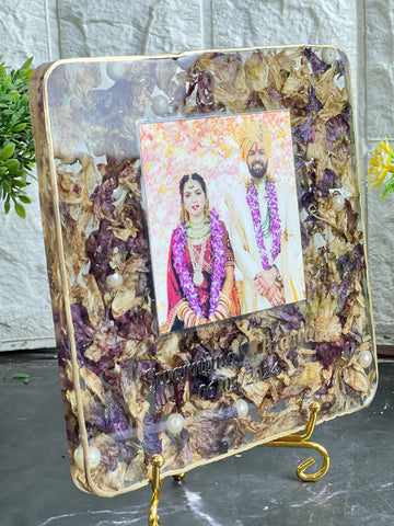 Resin 6inch square with Couple photo & Name date with orchid varmala Preservation