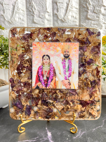 Resin 6inch square with Couple photo & Name date with orchid varmala Preservation