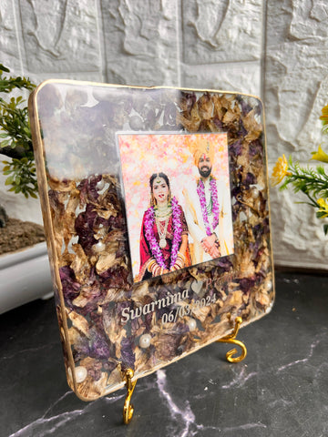 Resin 6inch square with Couple photo & Name date with orchid varmala Preservation