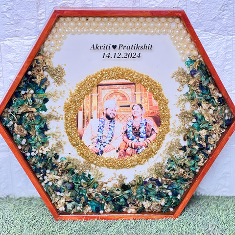 Resin 14inch Hexagonal Frame with Orchid Flowers With name & date with pearls border Varmala Preservation