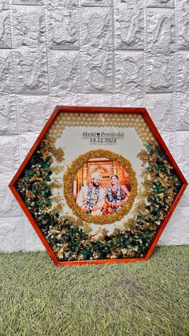 Resin 14inch Hexagonal Frame with Orchid Flowers With name & date with pearls border Varmala Preservation