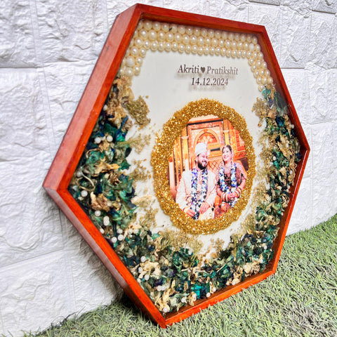 Resin 14inch Hexagonal Frame with Orchid Flowers With name & date with pearls border Varmala Preservation