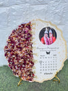 Resin 10 inch Round curve shape with name date & photo & metal stand  with calendar  Varmala Preservation