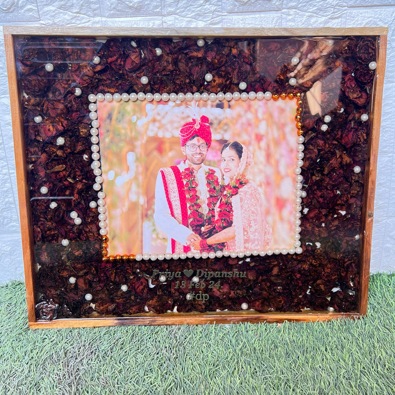 Resin 15 by 18 inch frame with photo name date  with Red rose Petals Varmala Preservation