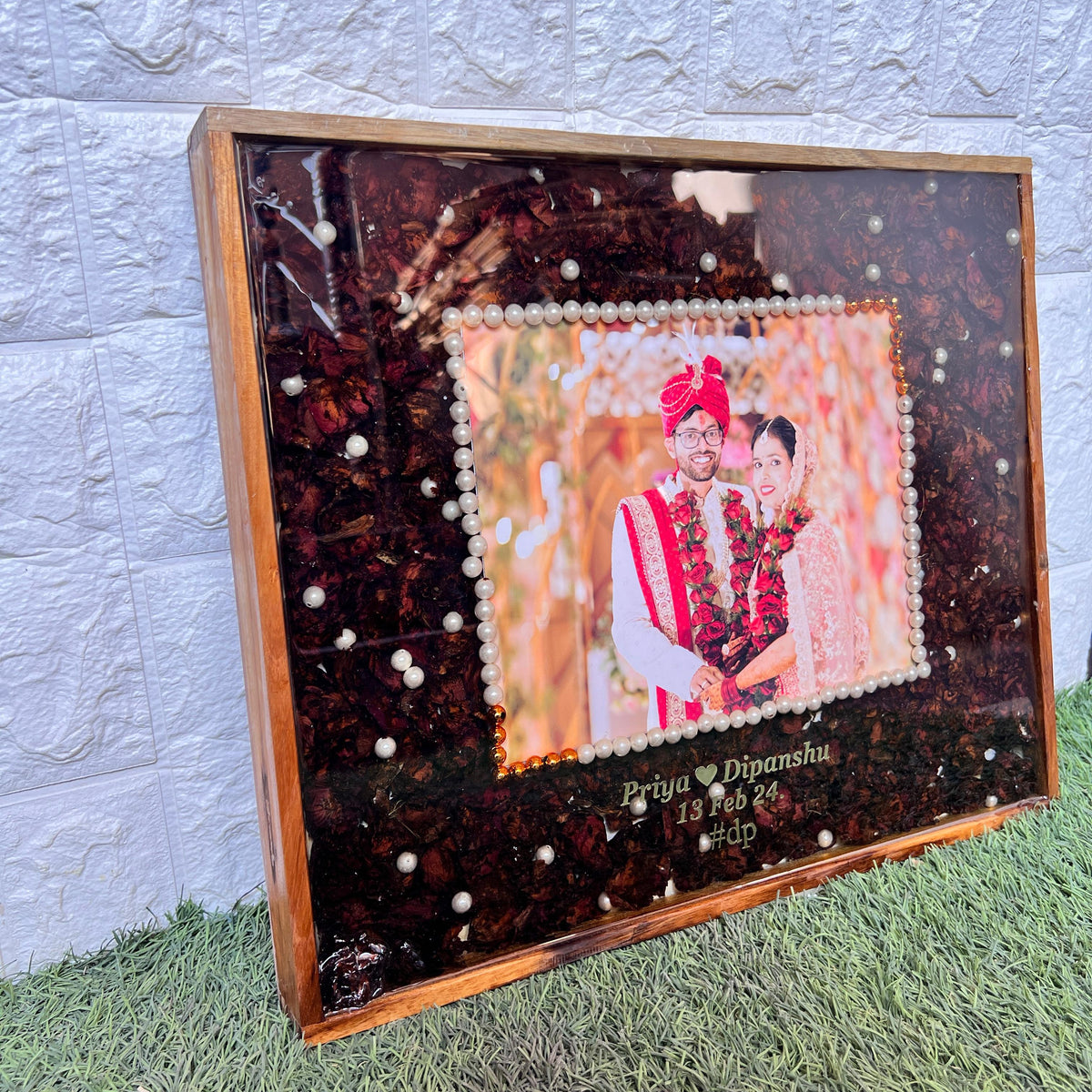 Resin 15 by 18 inch frame with photo name date  with Red rose Petals Varmala Preservation