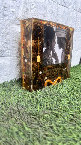 Resin 8inch squre with couple photo & with Louts Flowers Varmala Preservation