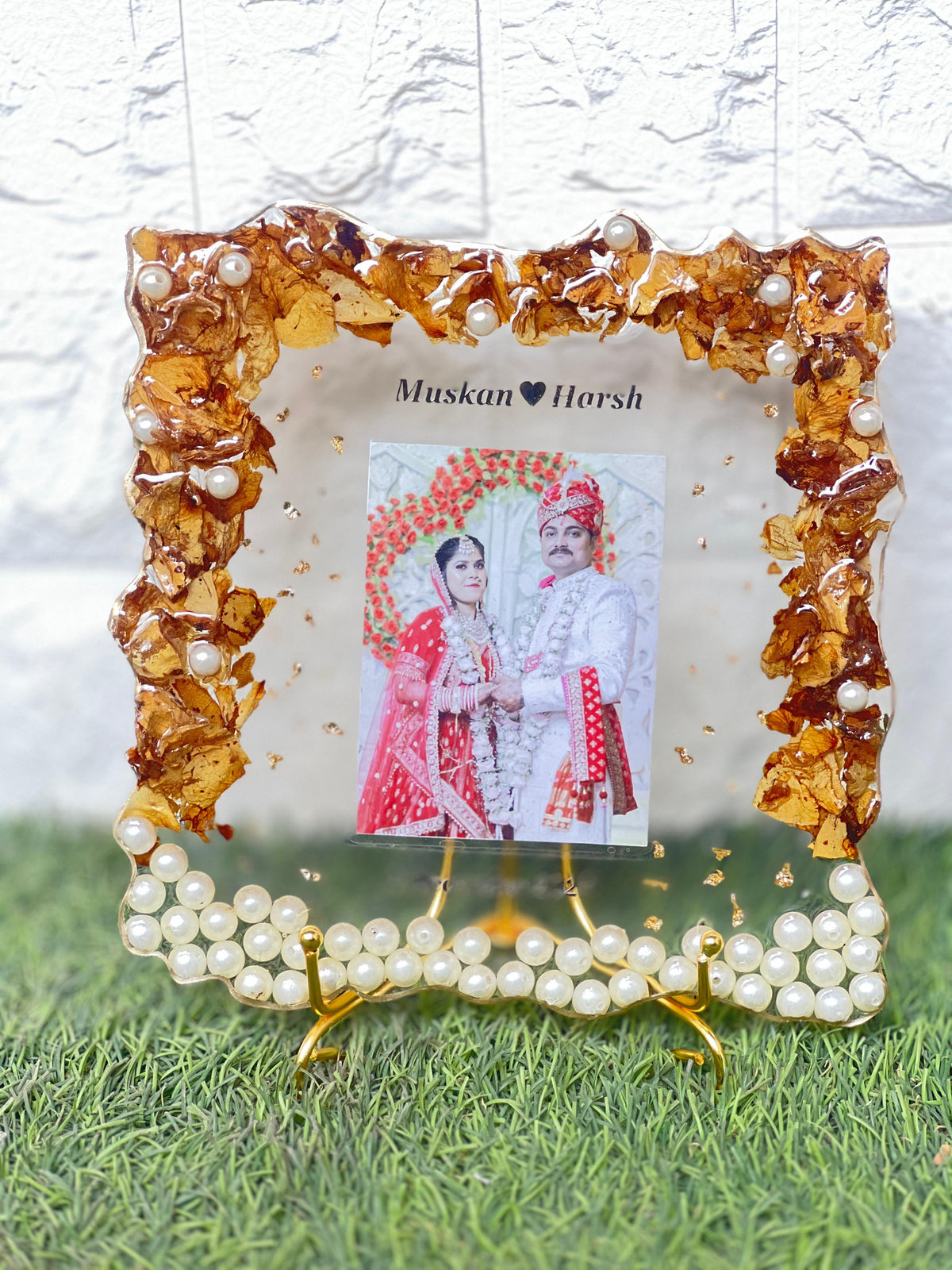 Resin 8inch square with couple photo & flowers petals with metal stand Varmala Preservation
