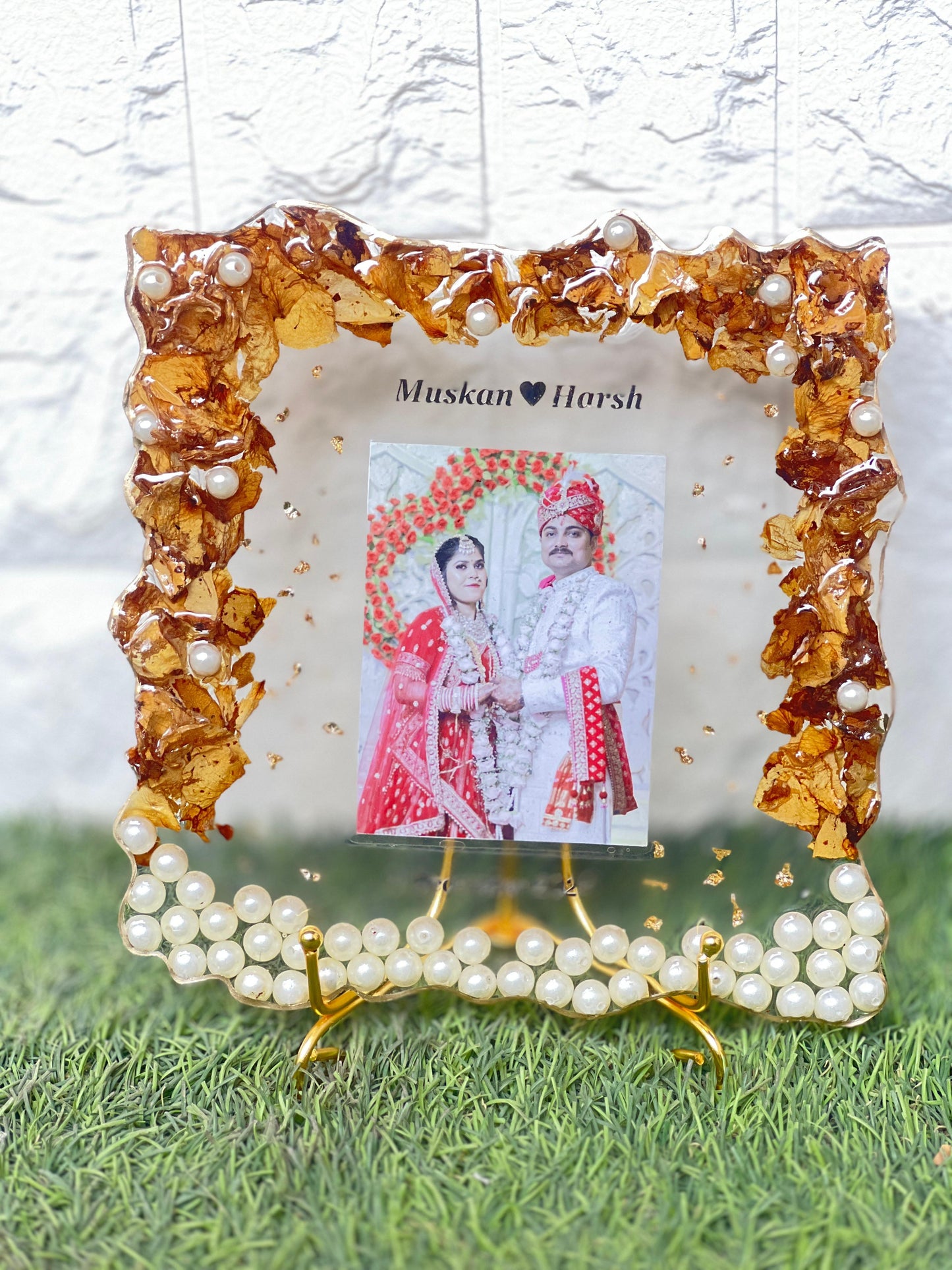 Resin 8inch square with couple photo & flowers petals with metal stand Varmala Preservation