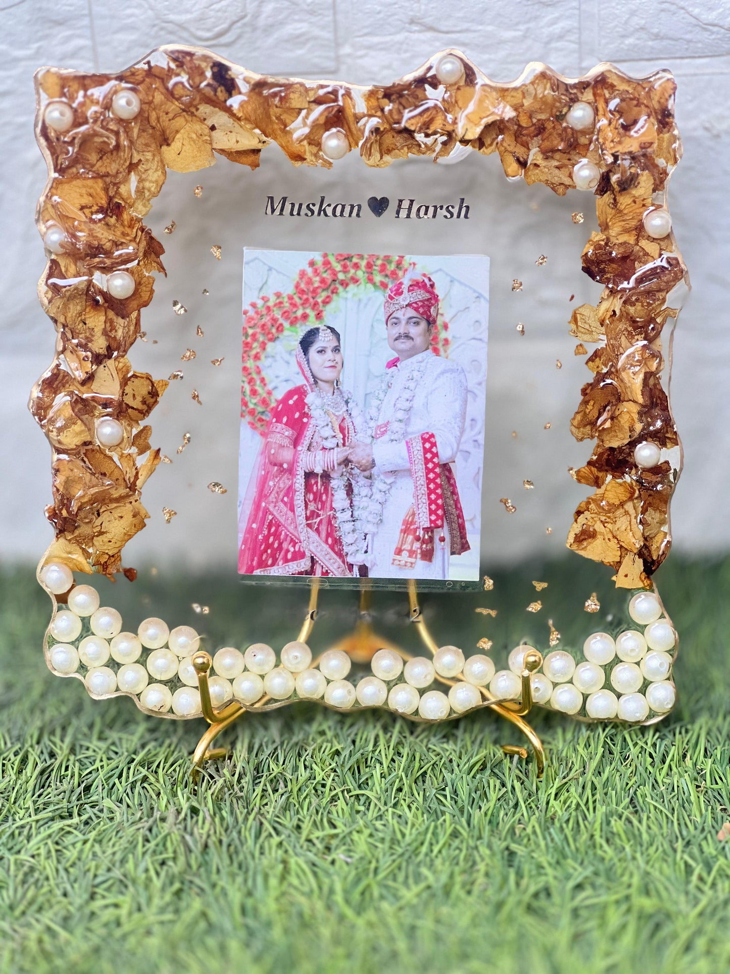 Resin 8inch square with couple photo & flowers petals with metal stand Varmala Preservation