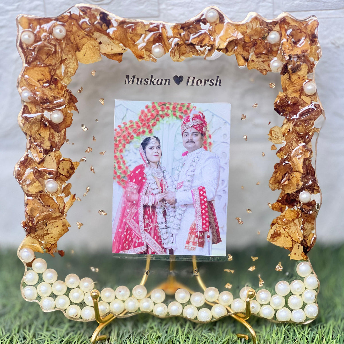 Resin 8inch square with couple photo & flowers petals with metal stand Varmala Preservation