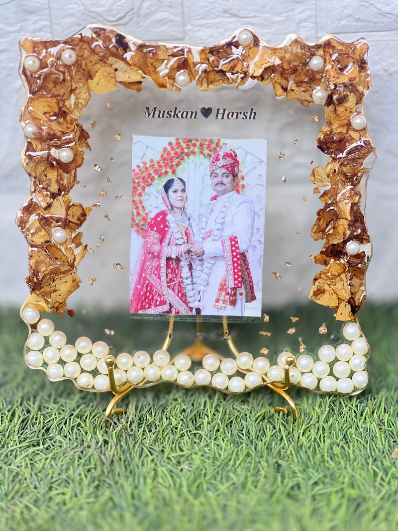 Resin 8inch square with couple photo & flowers petals with metal stand Varmala Preservation