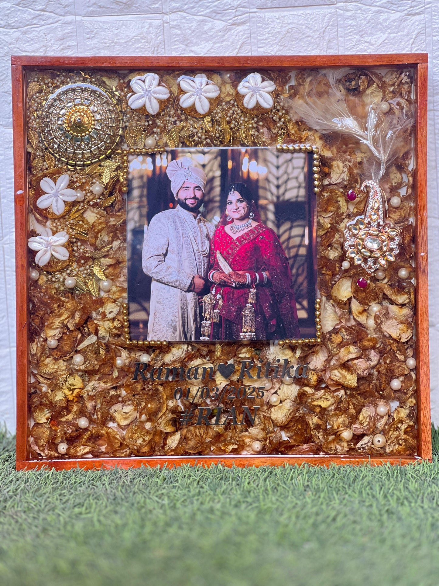 Resin 14 by 14inch square wooden frame with varmala ,kaleera photo name, date Varmala Preservation