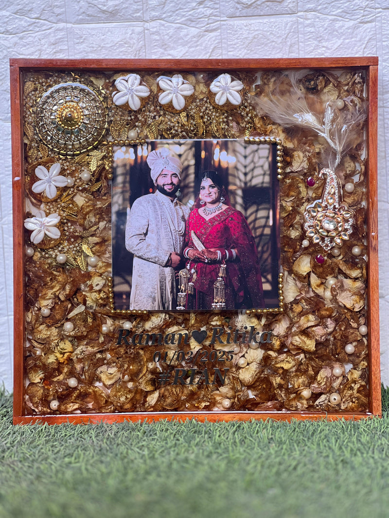 Resin 14 by 14inch square wooden frame with varmala ,kaleera photo name, date Varmala Preservation