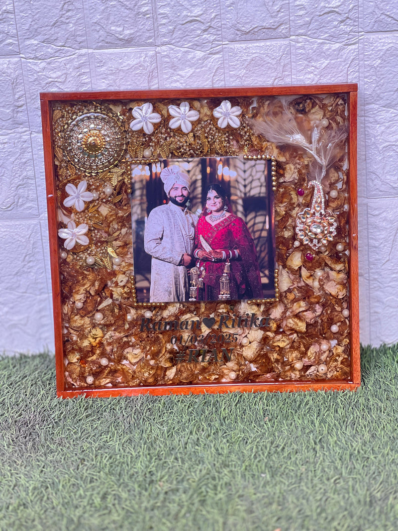 Resin 14 by 14inch square wooden frame with varmala ,kaleera photo name, date Varmala Preservation