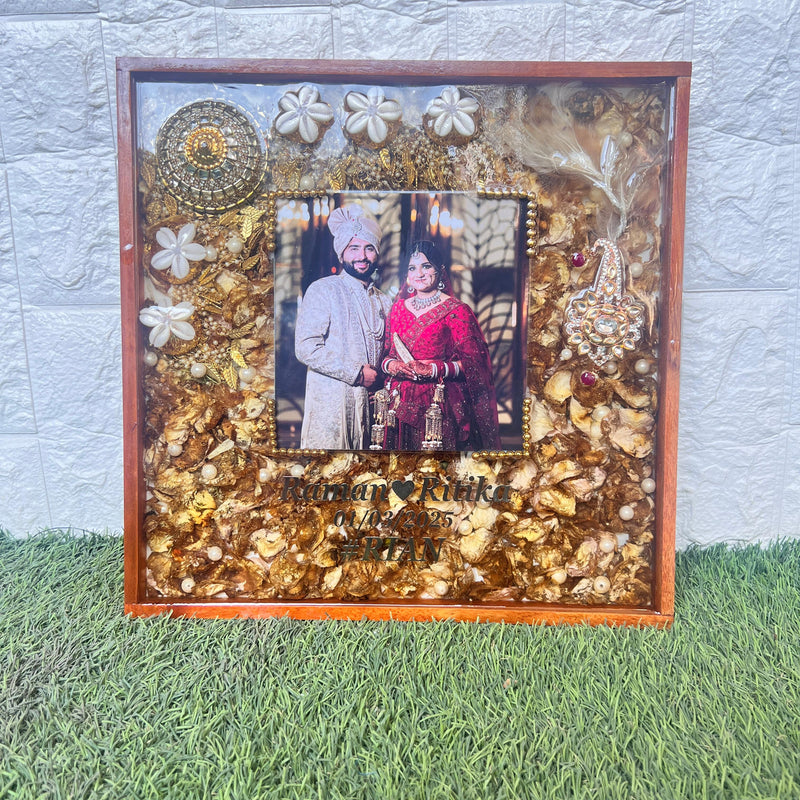 Resin 14 by 14inch square wooden frame with varmala ,kaleera photo name, date Varmala Preservation