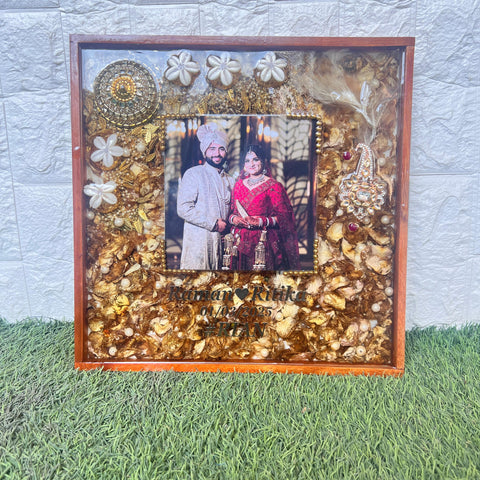 Resin 14 by 14inch square wooden frame with varmala ,kaleera photo name, date Varmala Preservation