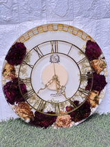 Resin 12 inch clock with In 3/4 part covered with flowers , upr part with pearl 2 lines white base in middle pink colour with logo in center Varmala Preservation