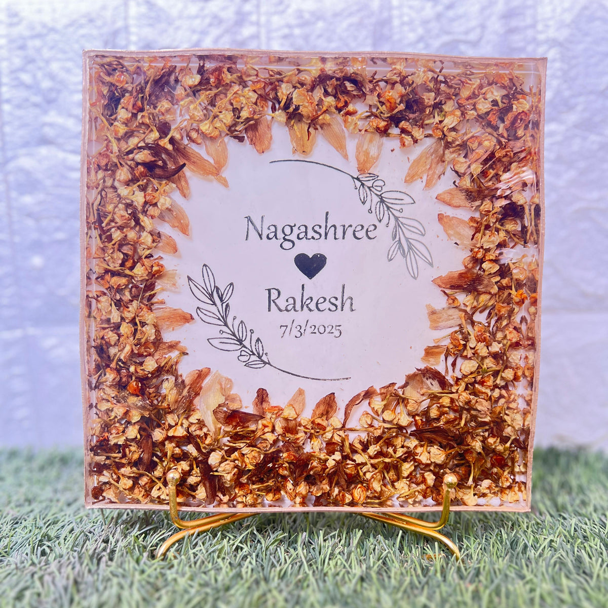 Resin 8inch square with Mogra Flowers with couple name initinal logo with metal stand Varmala Preservation