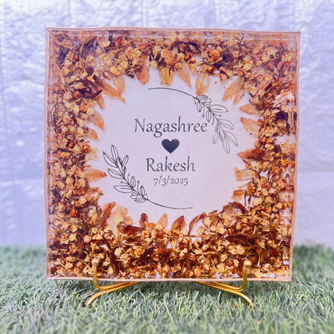 Resin 8inch square with Mogra Flowers with couple name initinal logo with metal stand Varmala Preservation