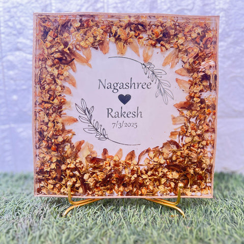 Resin 8inch square with Mogra Flowers with couple name initinal logo with metal stand Varmala Preservation