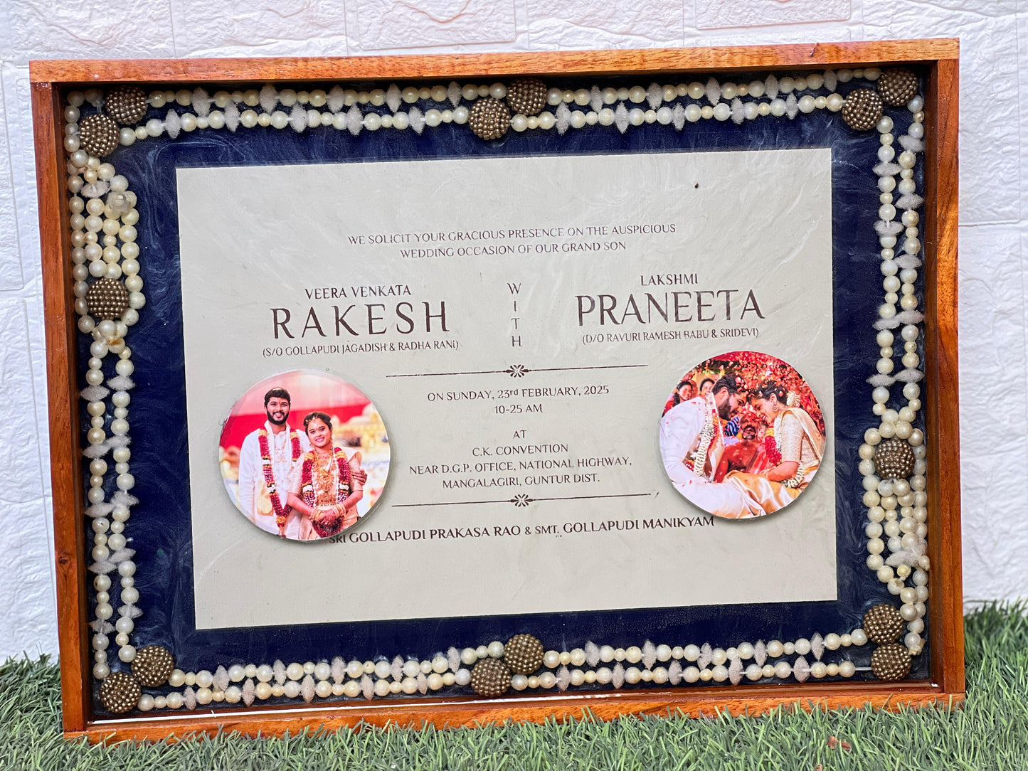 Resin 12 by 16 inch frame  With wedding card, 2 photos , camphor mala with wooden frame Varmala Preservation