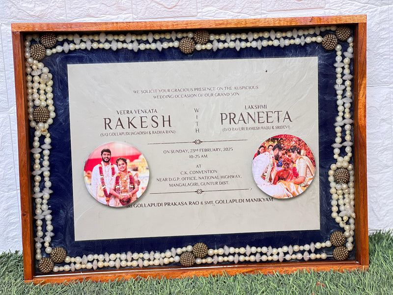Resin 12 by 16 inch frame  With wedding card, 2 photos , camphor mala with wooden frame Varmala Preservation