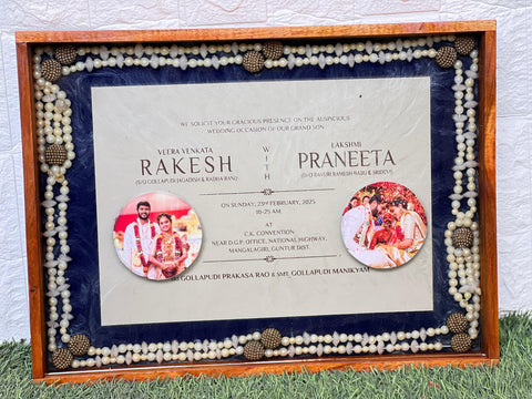 Resin 12 by 16 inch frame  With wedding card, 2 photos , camphor mala with wooden frame Varmala Preservation
