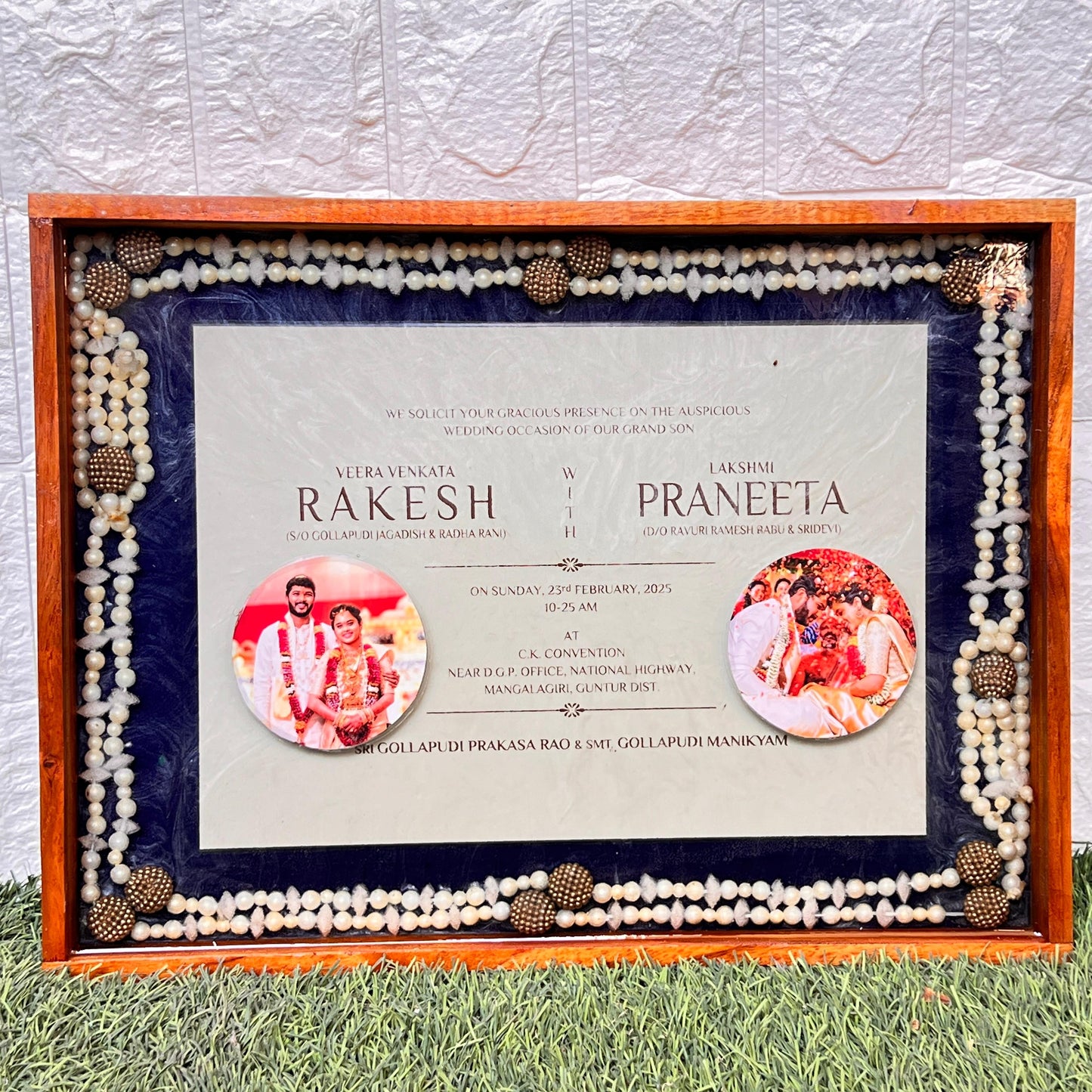 Resin 12 by 16 inch frame  With wedding card, 2 photos , camphor mala with wooden frame Varmala Preservation