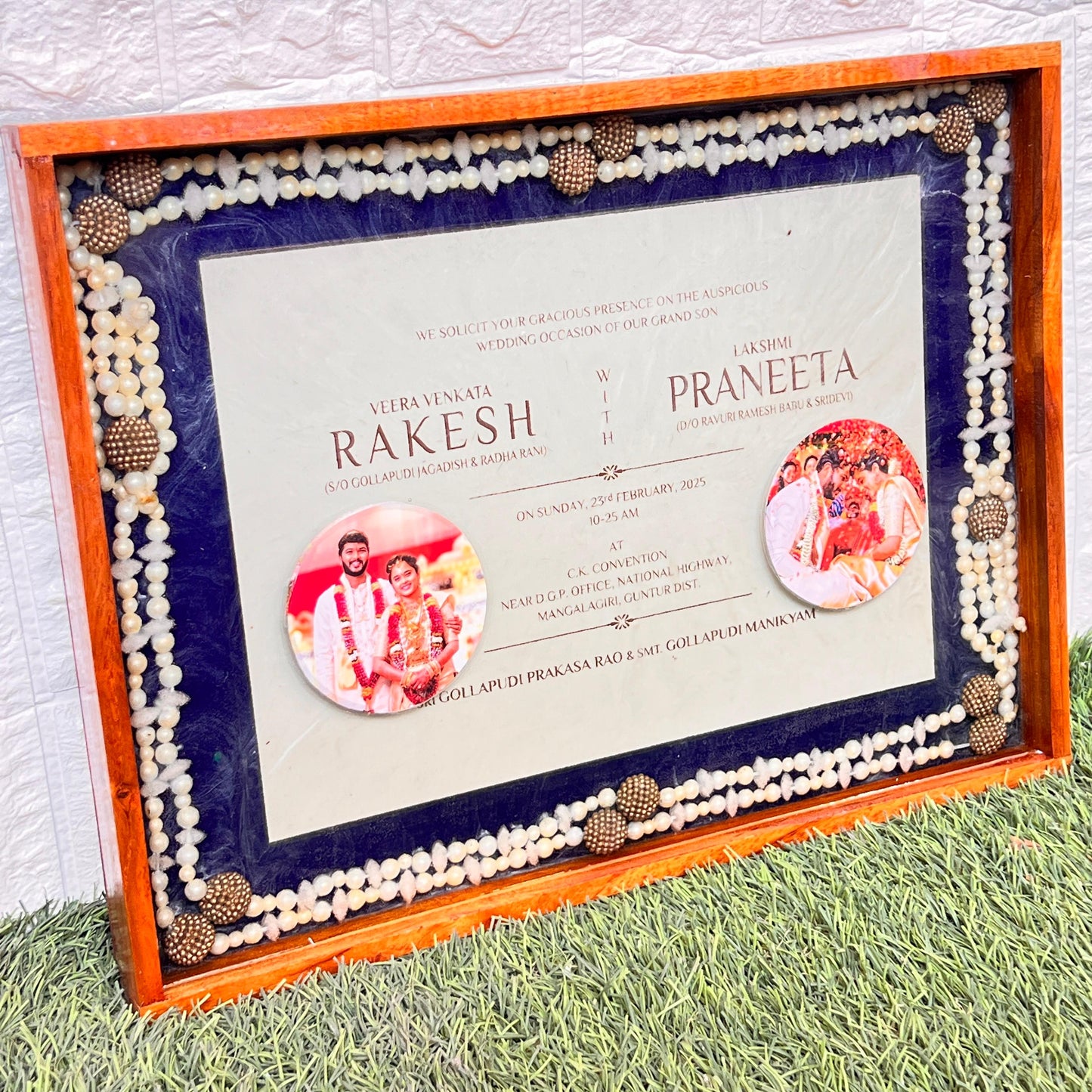Resin 12 by 16 inch frame  With wedding card, 2 photos , camphor mala with wooden frame Varmala Preservation
