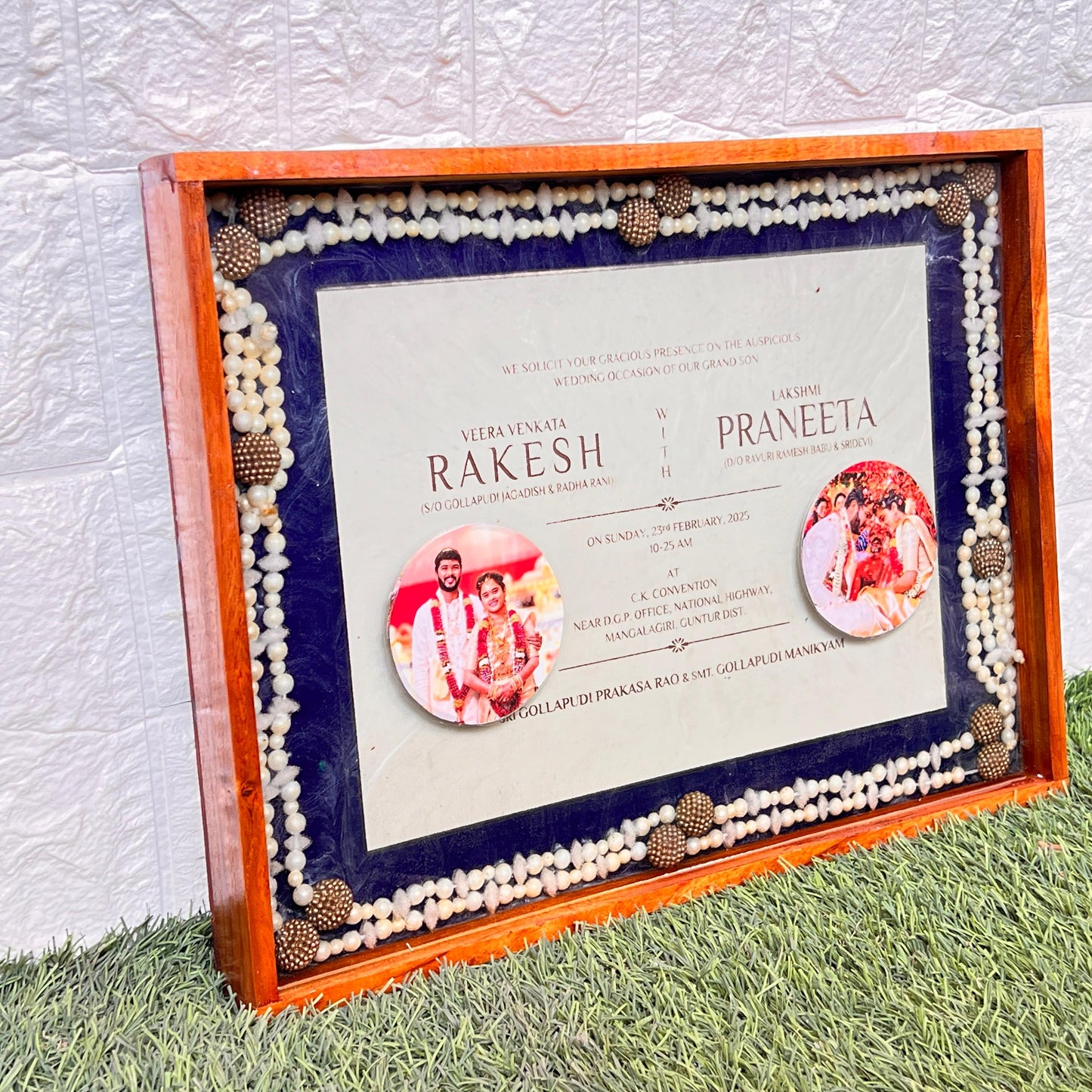 Resin 12 by 16 inch frame  With wedding card, 2 photos , camphor mala with wooden frame Varmala Preservation