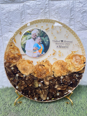 Resin 10 inch frame with half filled with petals one photo name date with metal stand Varmala Preservation