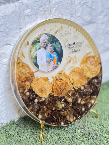 Resin 10 inch frame with half filled with petals one photo name date with metal stand Varmala Preservation
