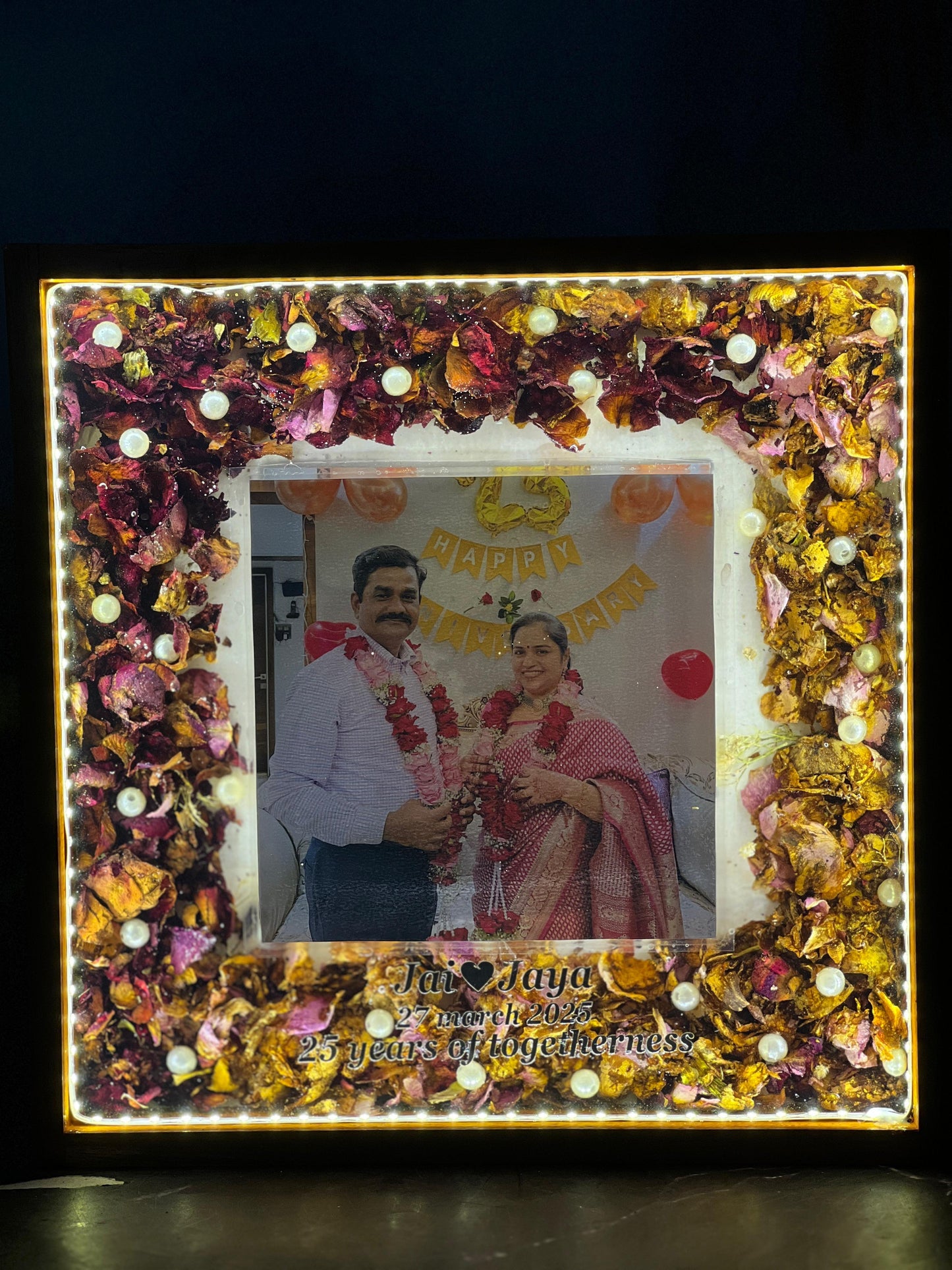 Resin 10 inch square wooden frame with led light connection one photo, flower name date and with 25th anniversary Varmala Preservation