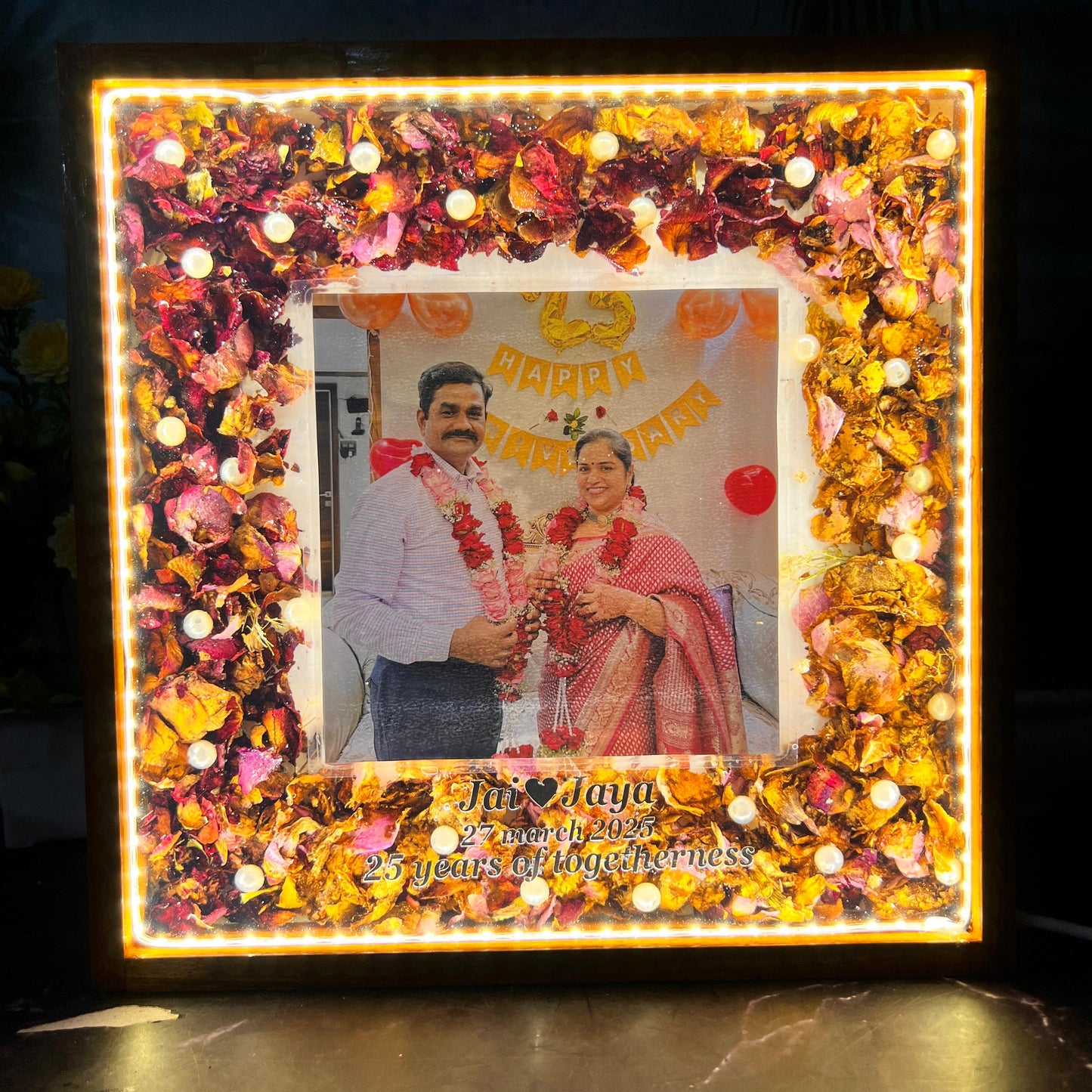 Resin 10 inch square wooden frame with led light connection one photo, flower name date and with 25th anniversary Varmala Preservation