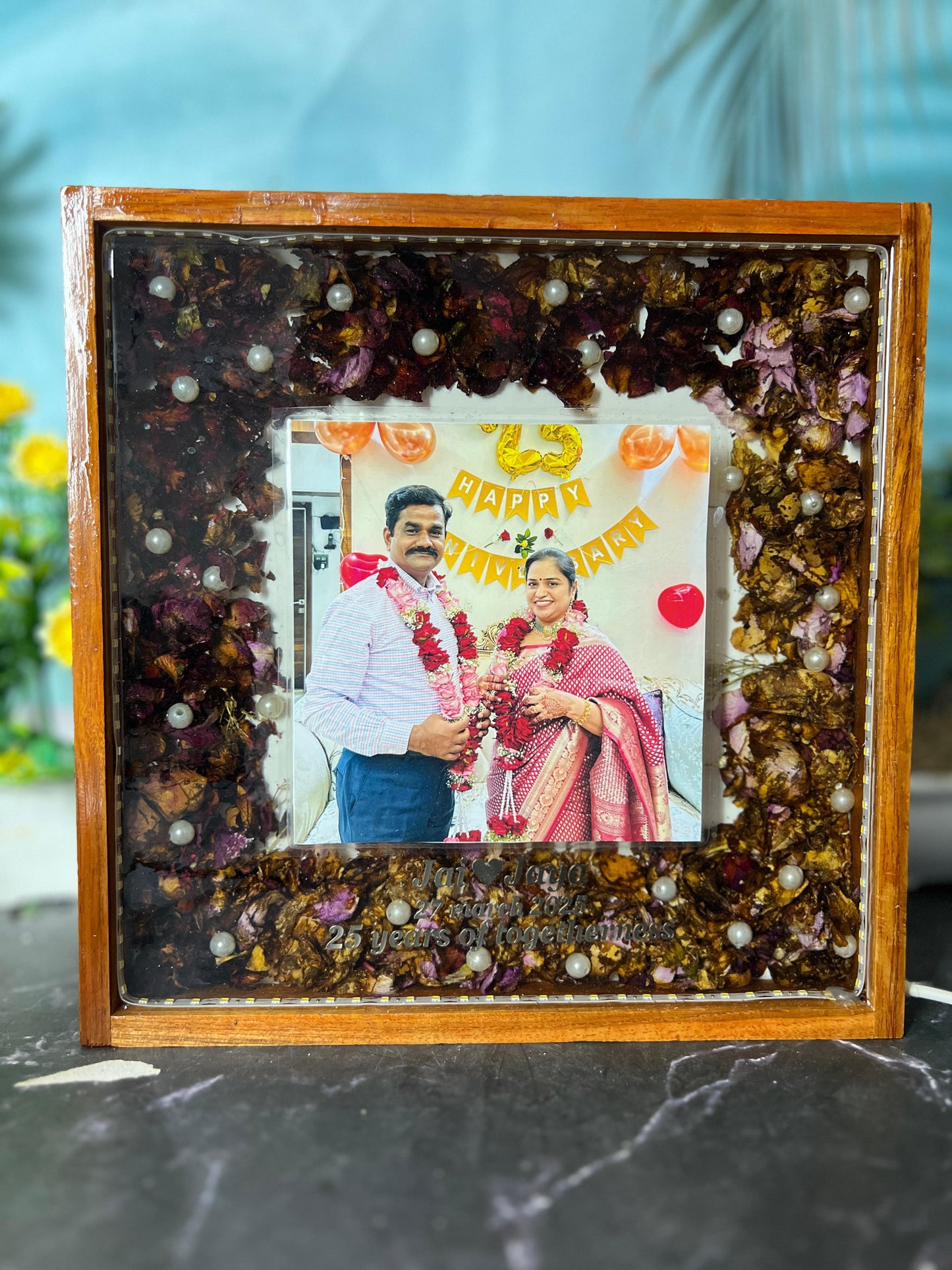 Resin 10 inch square wooden frame with led light connection one photo, flower name date and with 25th anniversary Varmala Preservation