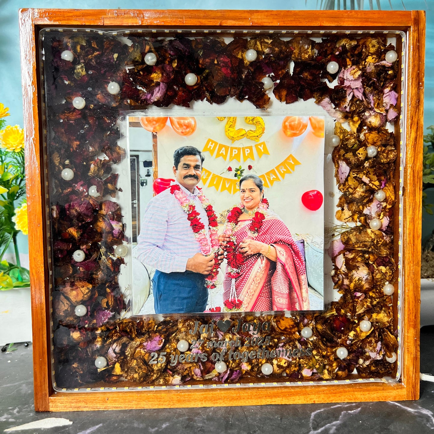 Resin 10 inch square wooden frame with led light connection one photo, flower name date and with 25th anniversary Varmala Preservation