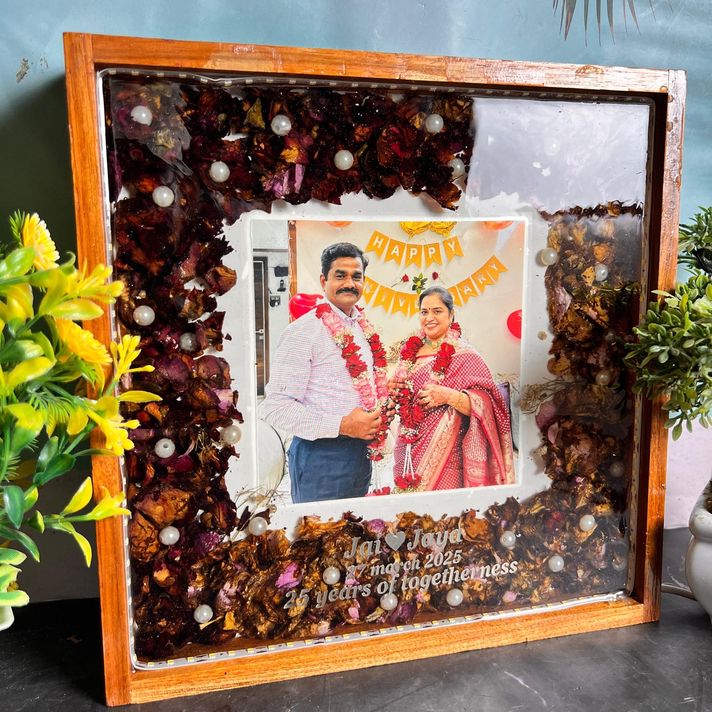 Resin 10 inch square wooden frame with led light connection one photo, flower name date and with 25th anniversary Varmala Preservation