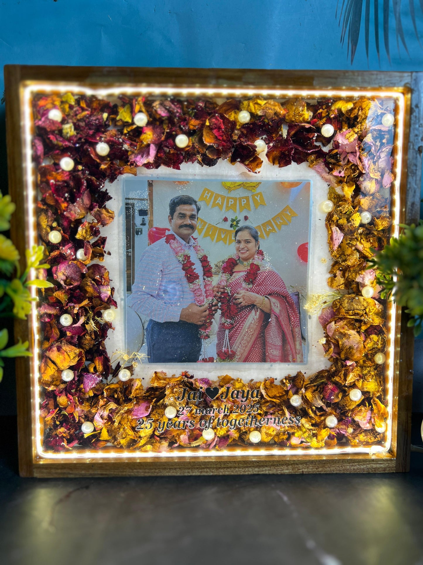 Resin 10 inch square wooden frame with led light connection one photo, flower name date and with 25th anniversary Varmala Preservation