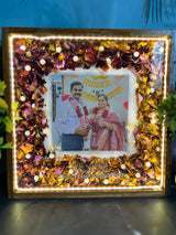 Resin 10 inch square wooden frame with led light connection one photo, flower name date and with 25th anniversary Varmala Preservation